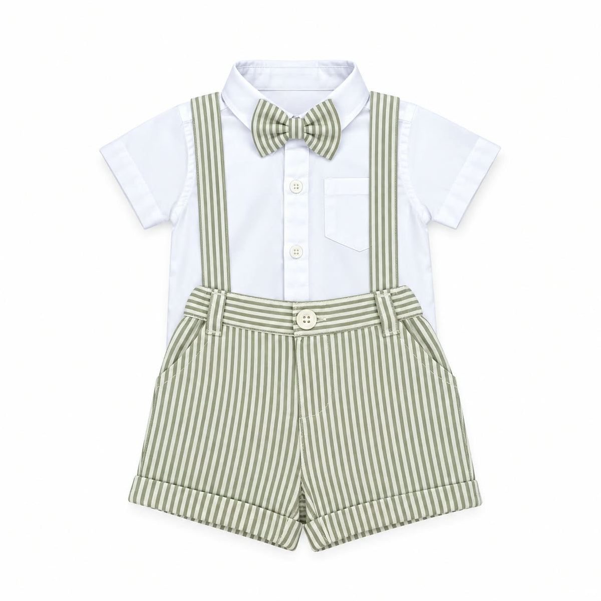 White Shirt, Green Stripe Short & Suspender with Bow