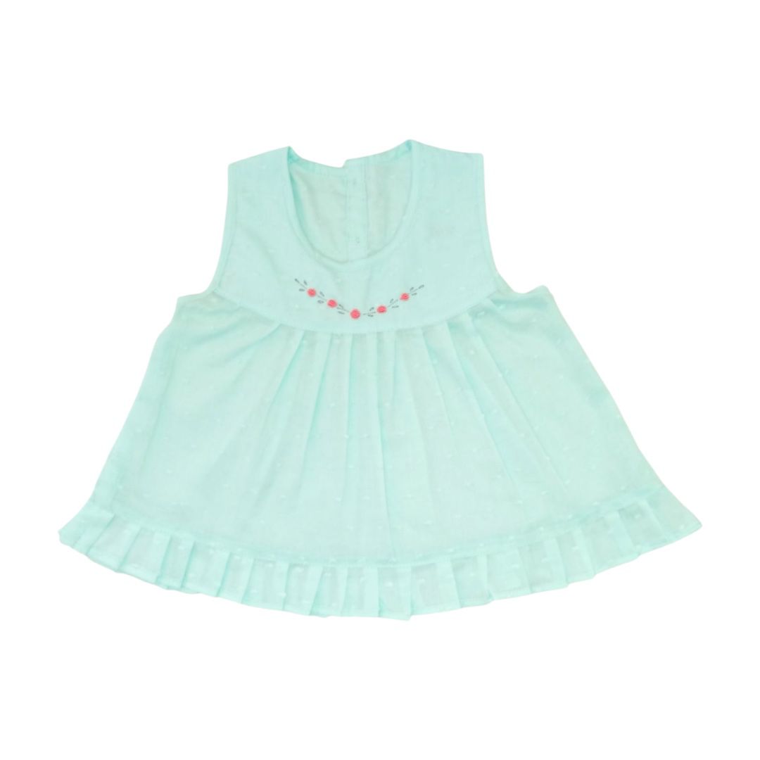 Baby Girl Dress With Small Floral Hand Embroider - Mint Green