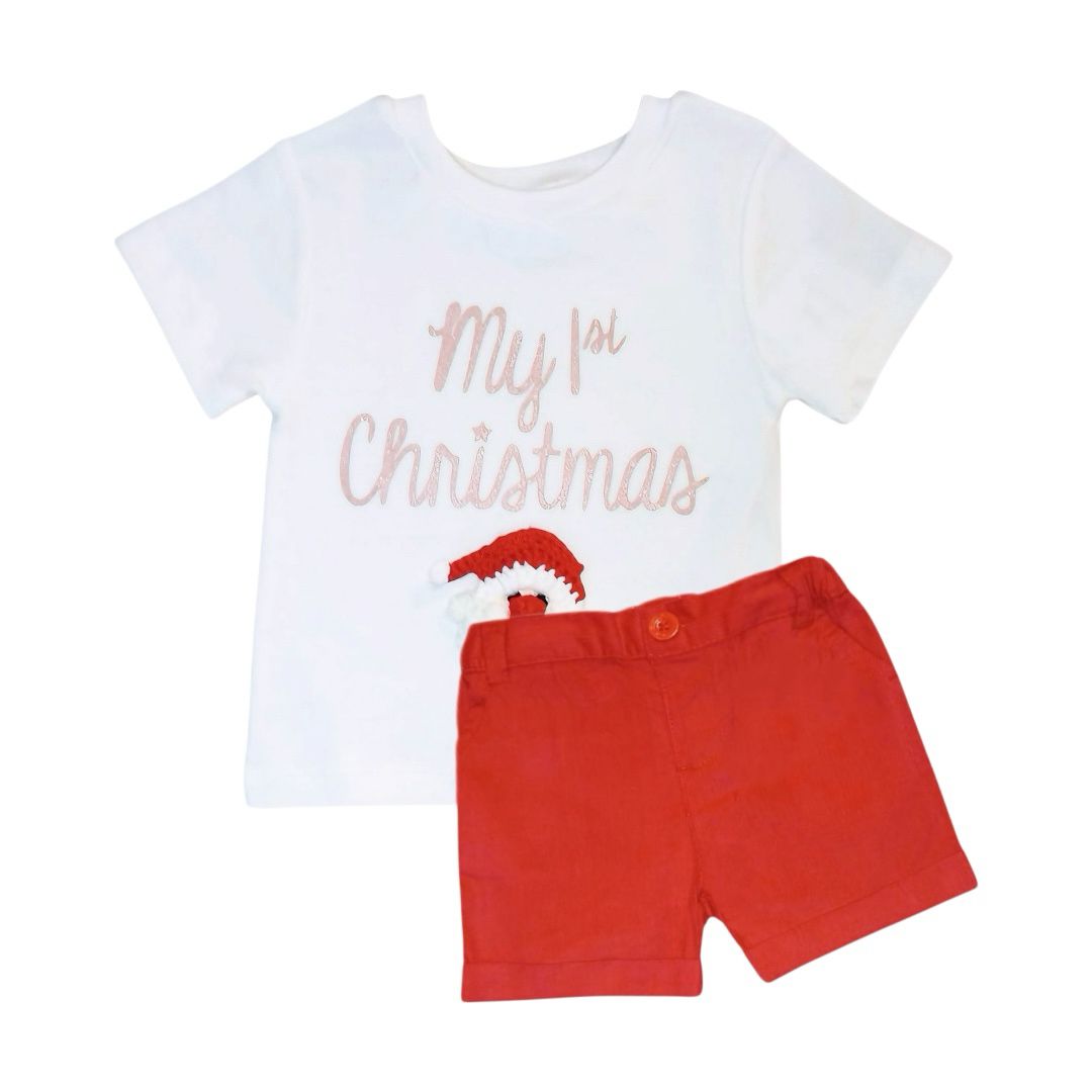 "My 1st Christmas" Printed T Shirt with Red Short
