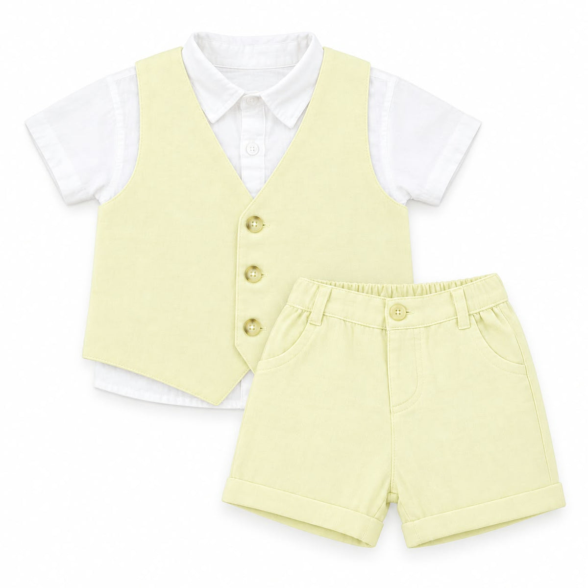 Yellow Waist Coat & Short With White Shirt Set