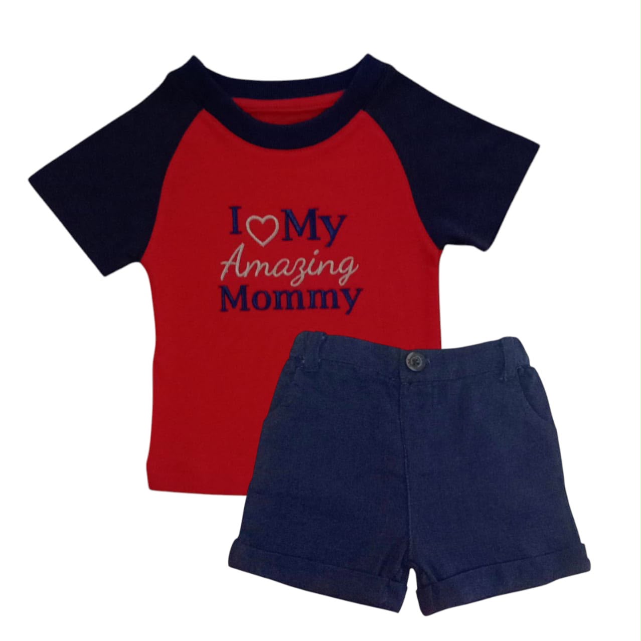 "I Love My Amaizing Mommy" Embroidered T-Shirt With Dark Blue short