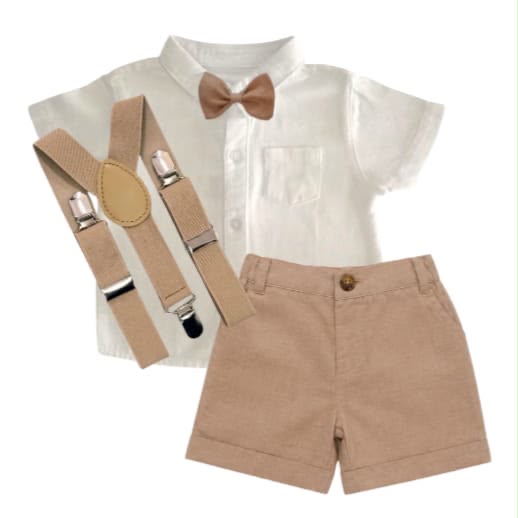 White Shirt With Beige Short, Bow & Suspender