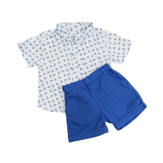 Boy's Paisley Printed Shirt With Royal Blue Short Set