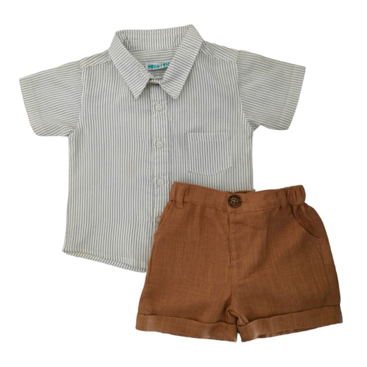 Boy's Striped Collar Shirt with Brown Short Set