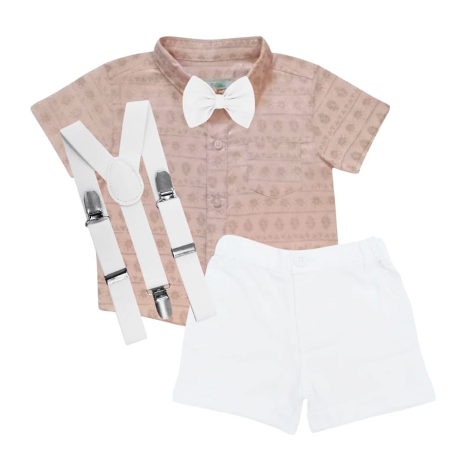 Printed Pink Shirt With White Short, Bow & Suspender