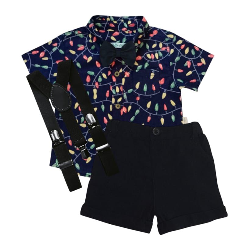 Dark Blue Printed Shirt With Black Short, Bow & Suspender