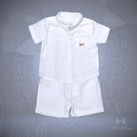 Boy's White Embroidered Collar Shirt with White Short Set