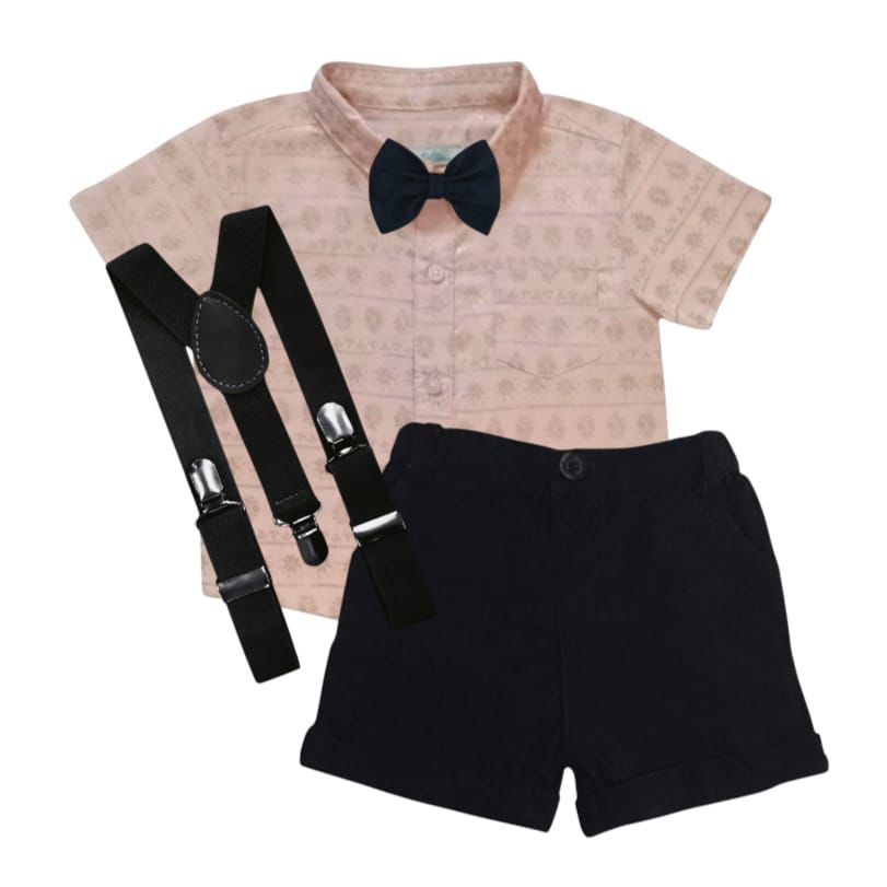 Printed Pink Shirt With Black Short, Bow & Suspender