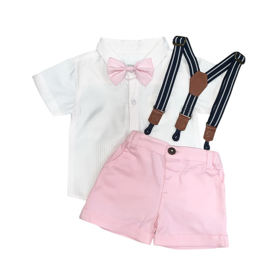 Boy's Collar Shirt , Pink Short with Bow & Suspender