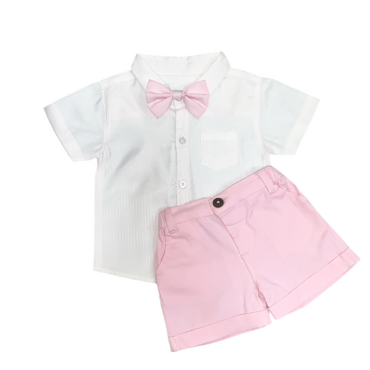 Boy's Collar Shirt with Pink Short & Bow Set