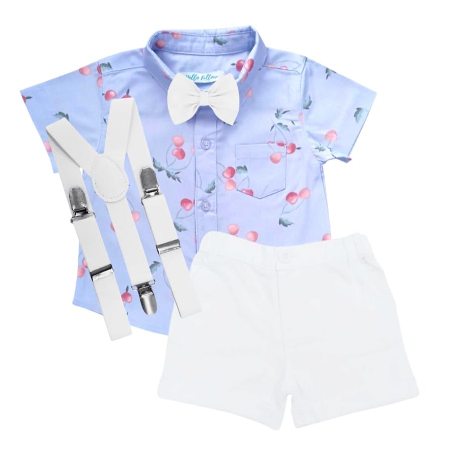 Cherry Printed Shirt With White Short, Bow & Suspender