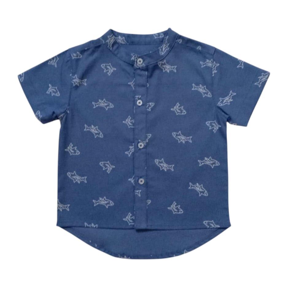 Dolphin Print Chinese Collar Shirt-Blue