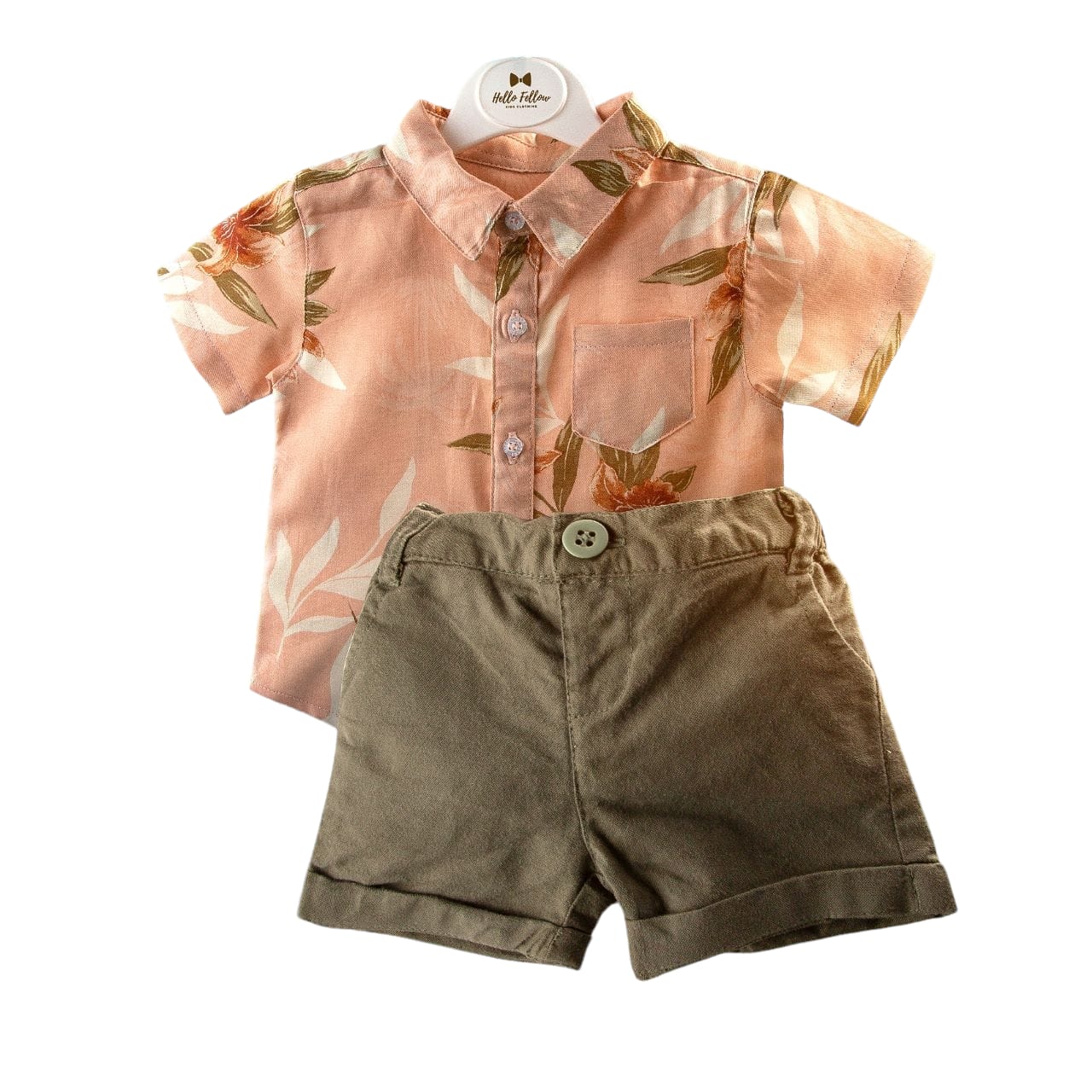 Peach Collar Shirt with Olive Green Short Set - Beach Theme