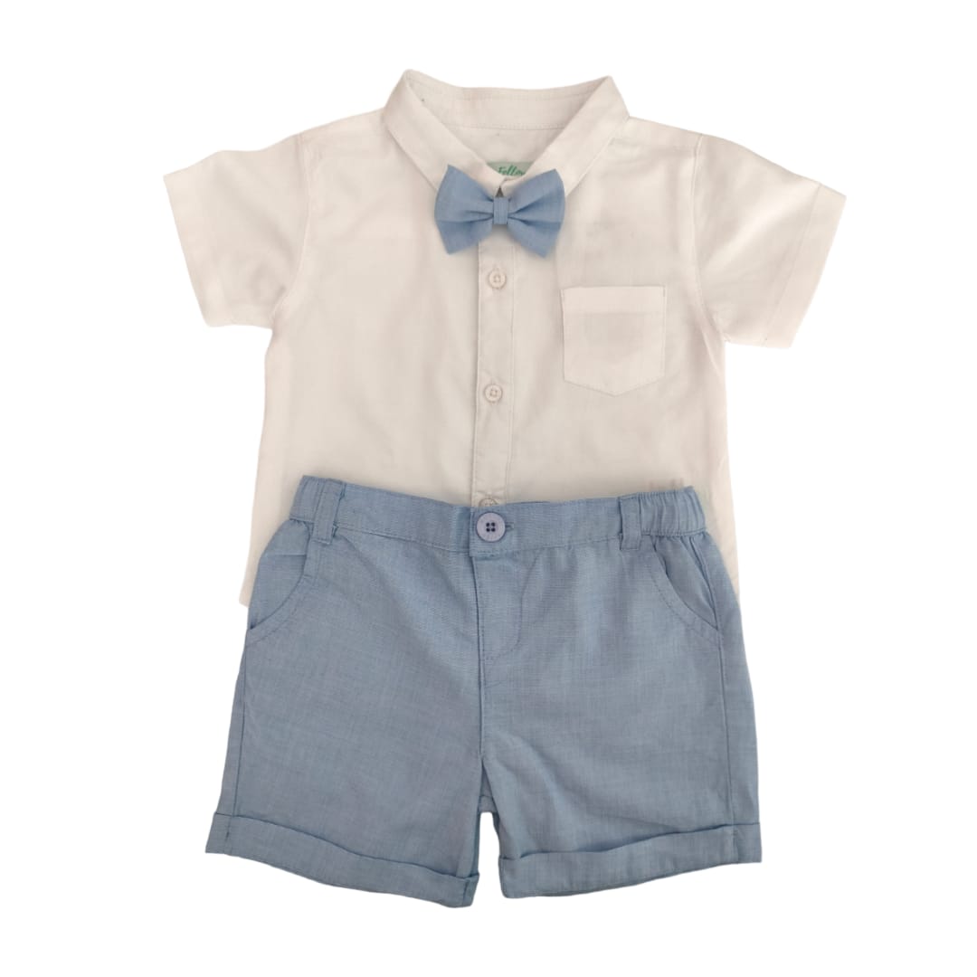 White Collar Shirt & Blue Short with Bow