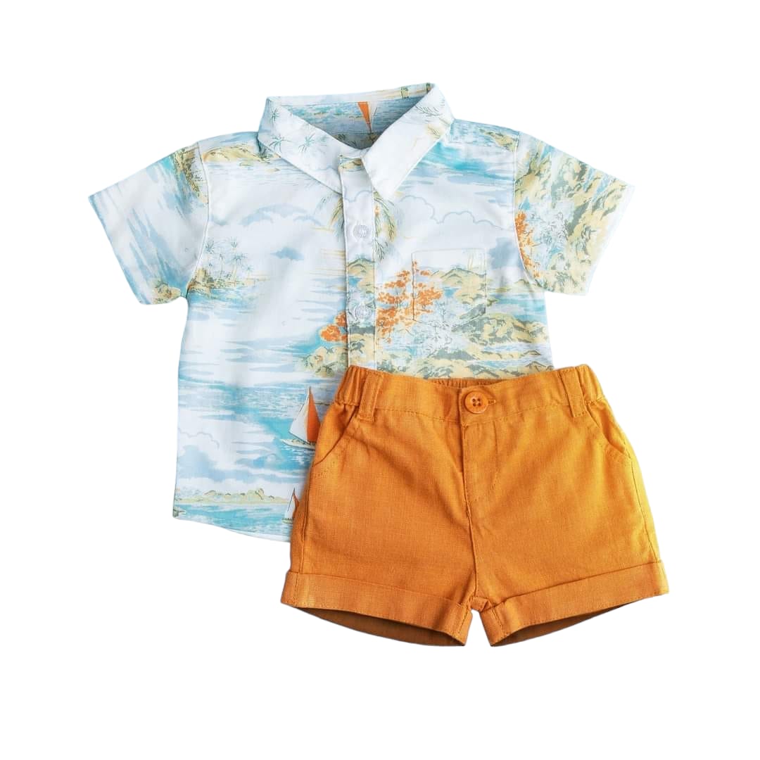 Tropical Button up Resort Shirt and Copper Brown Short Set
