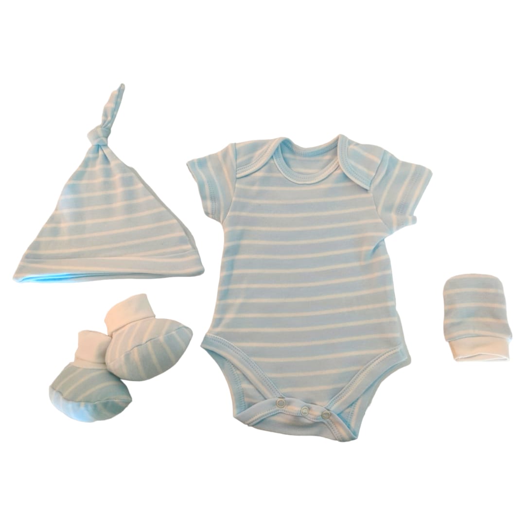 Baby Socks, Mitten, Cap, Bodysuit Set - Blue Striped
