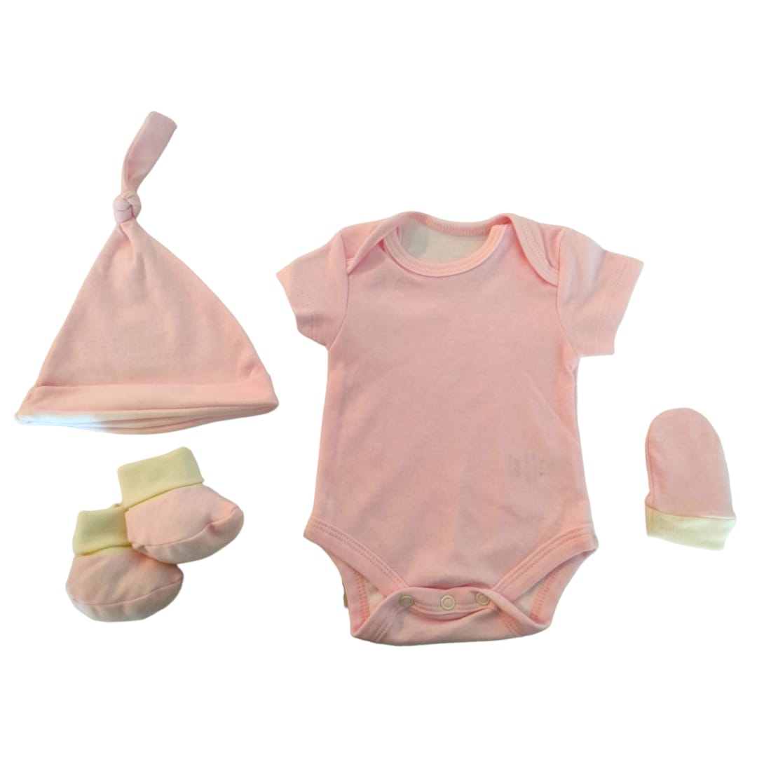 Baby Socks, Mitten, Cap, Bodysuit Set - Pink