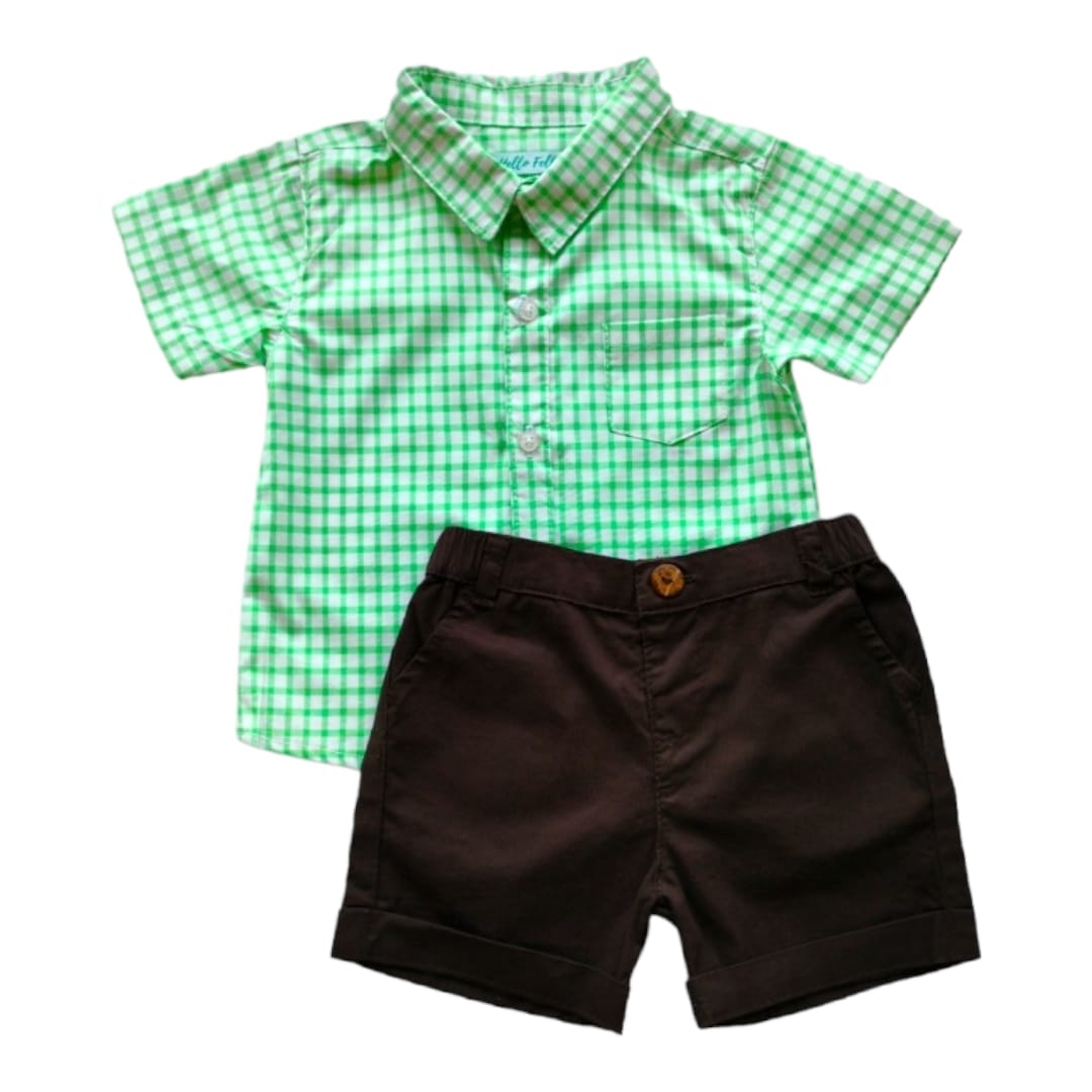 Green Collar Check Shirt with Dark Brown Short Set