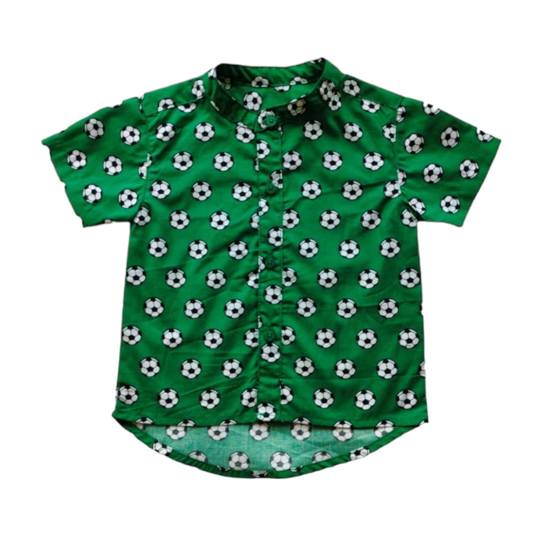 Boy's Green Chinese Collar Shirt - Football Printed