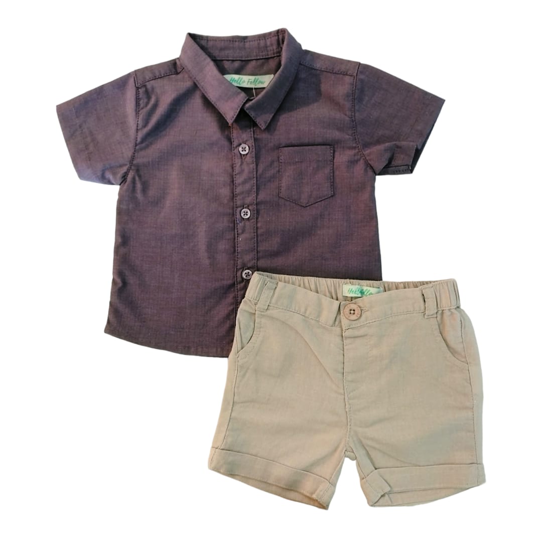 Boy's Purple Collar Shirt with Cream Short Set