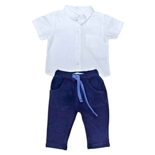 White Short-Sleeved Collar Shirt & Blue Jeggings Set