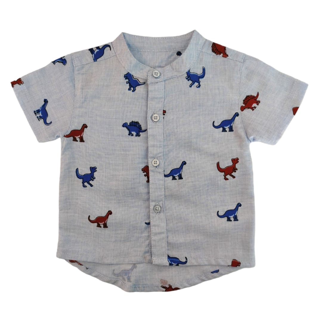 Boy's Blue Chinese Collar Shirt - Dino Printed