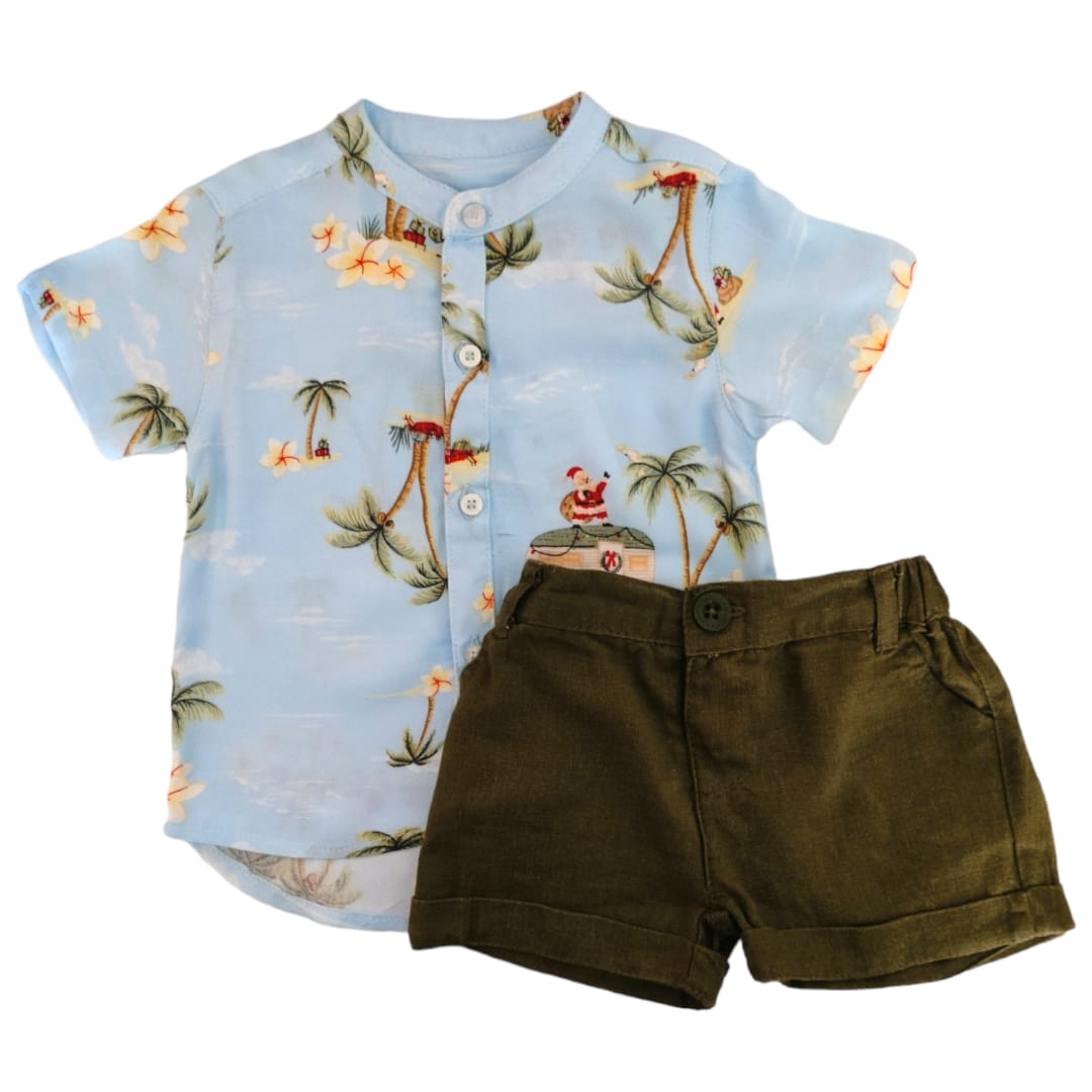 Boy's Chinese Collar Shirt with Olive Green Short set