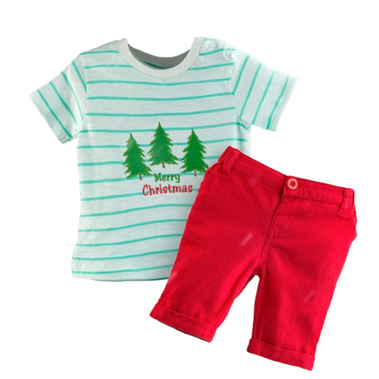 Baby Green Stripe T Shirt with Red Pant Set - Christmas Theme