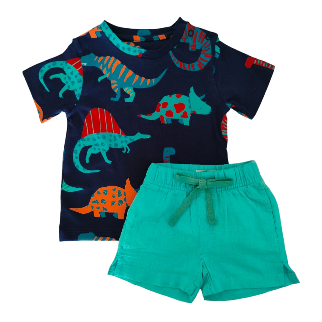 Boy's Blue T Shirt with Blue Short Set - Dino Printed
