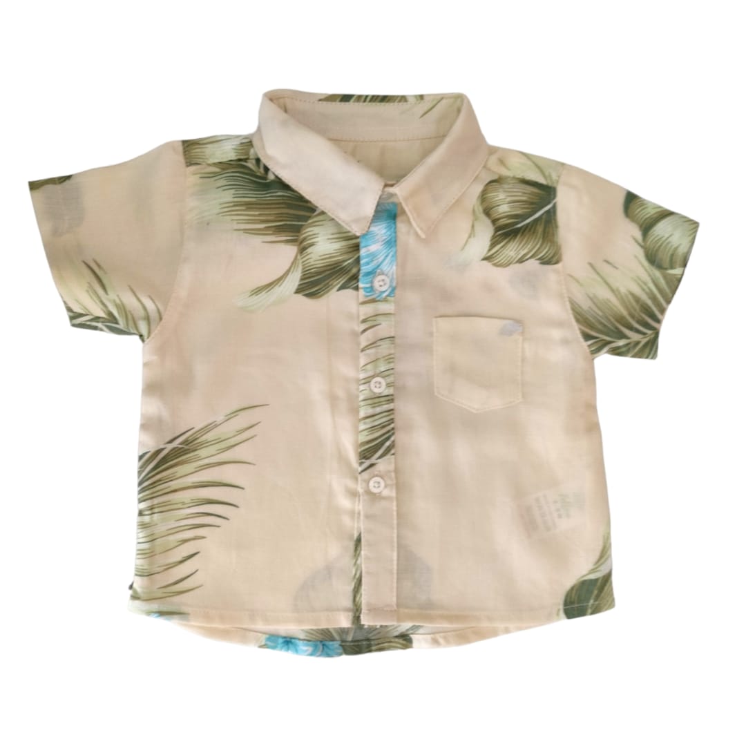 Boy's Collar Shirt - Beige Leaf Printed