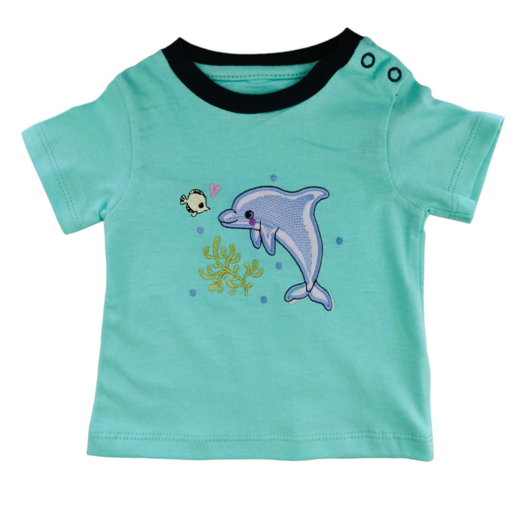 Baby Dolphin Embroidered T Shirt - Aqua Blue
