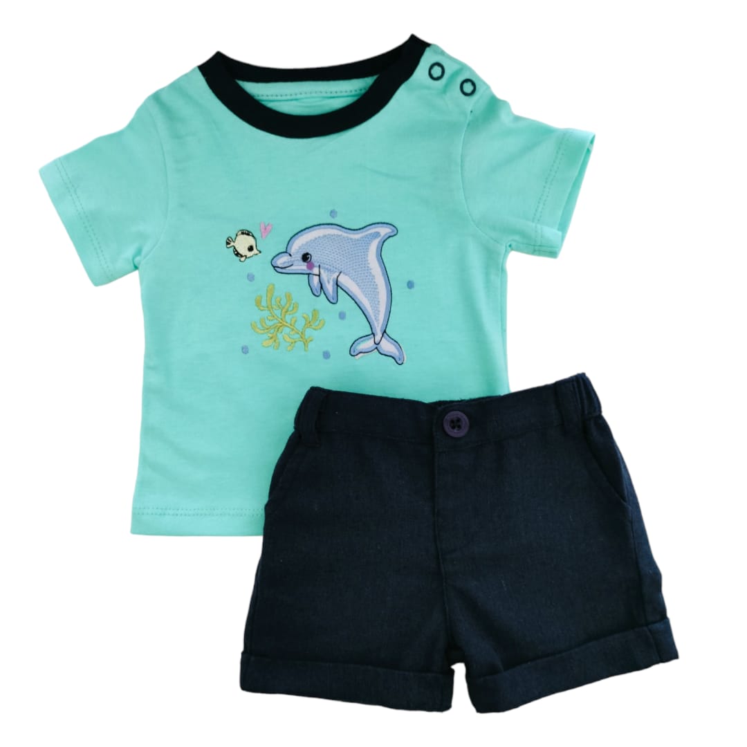 Baby Dolphin Embroidered T Shirt with Dark Blue Short Set
