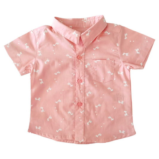 Boy's Collar Shirt - Peach Baby Giraffe Printed