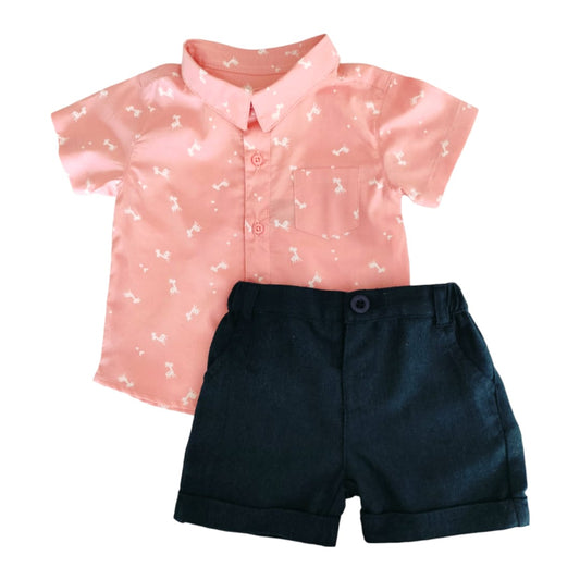 Boy's Peach Collar Shirt with Blue Linen Short Set