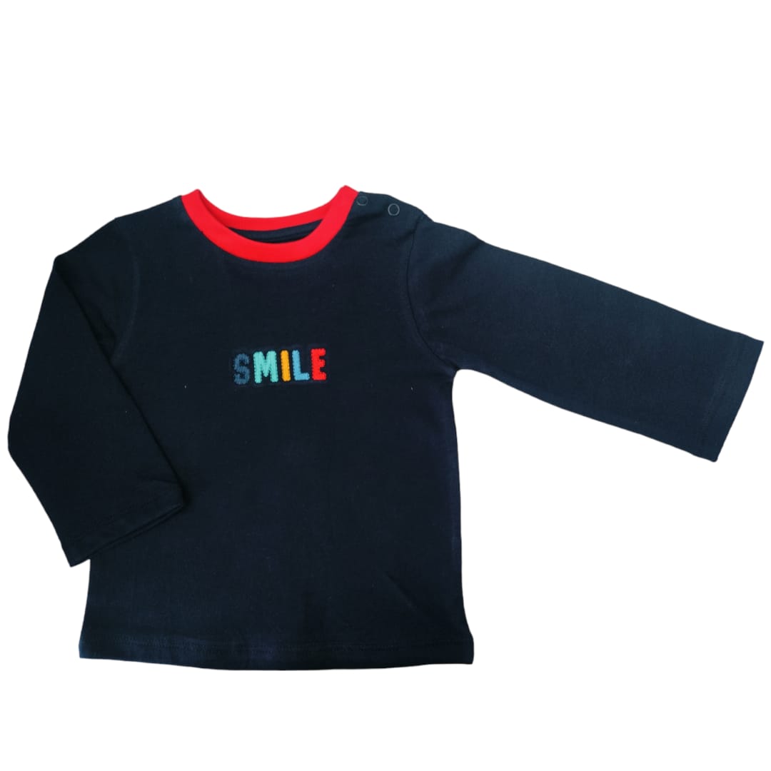 Boy's "Smile" Embroidered Long Sleeve T Shirt - Dark Blue