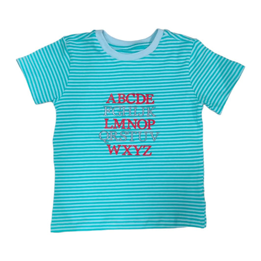 Boy's Strip T Shirt - Aqua Blue Alphabet Embroidered