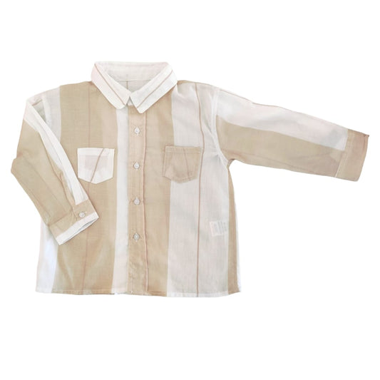 Boy's Striped Long Sleeve Shirt - Beige & White Mixed