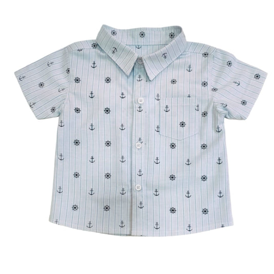 Boy's Collar Shirt - Blue Anchor Printed
