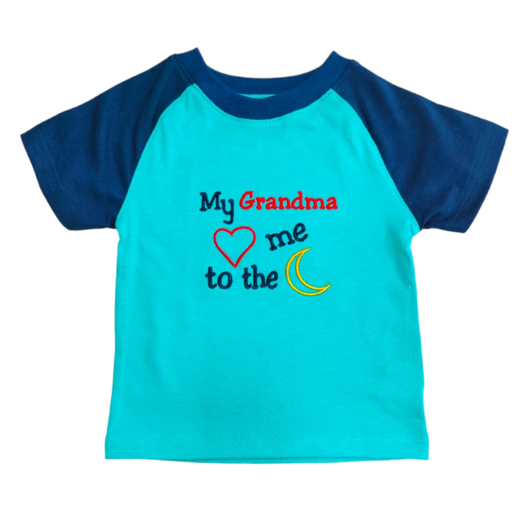 Boy's T Shirt - Greenish Blue "My Grandma Love me to the Moon" Embroidered