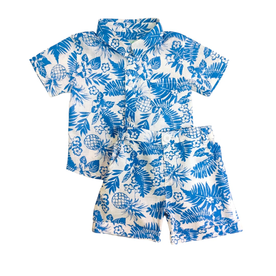 Boys Collar Shirt with Short Set - Blue Floral
