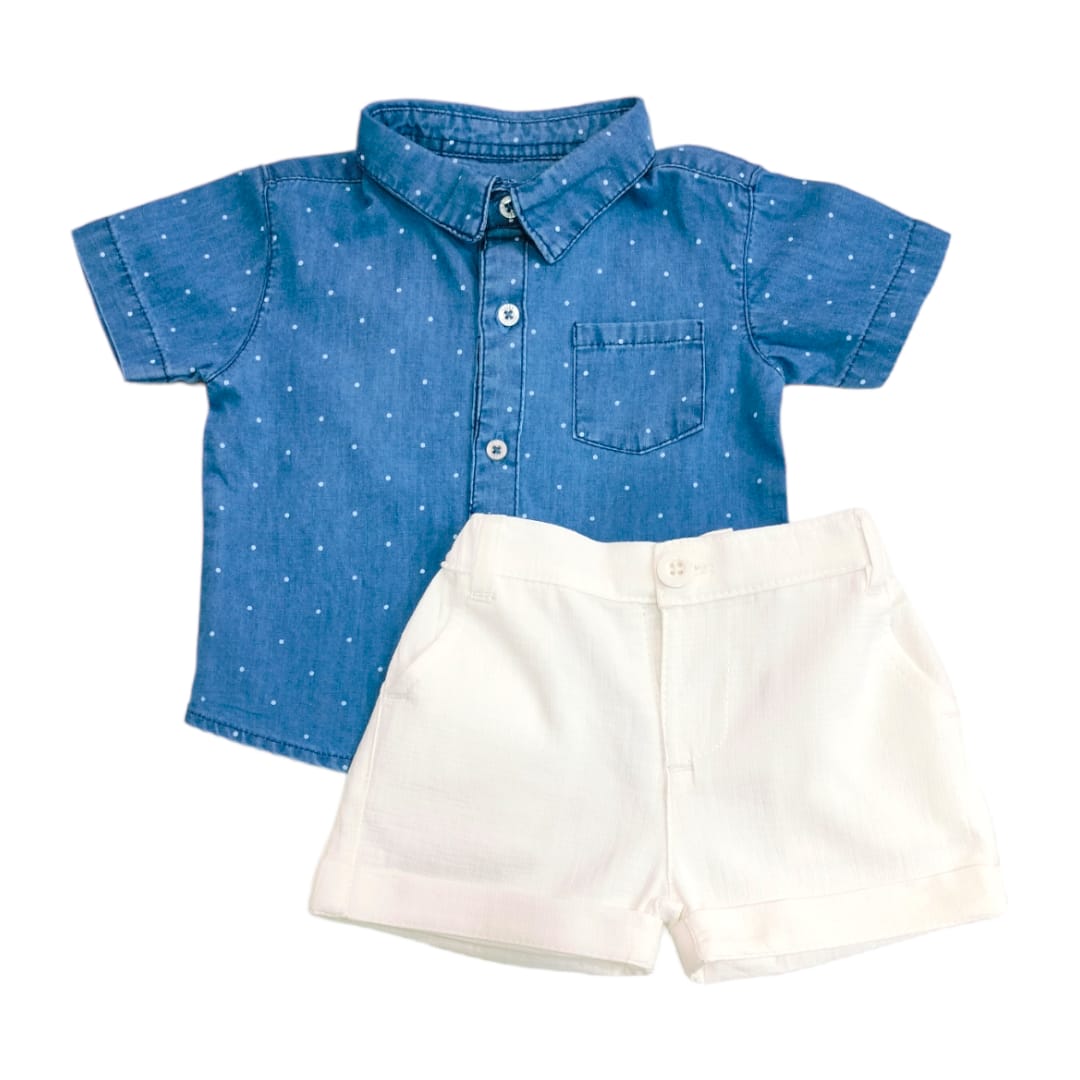 Boy's Blue Dotted Denim Shirt With White Short Set