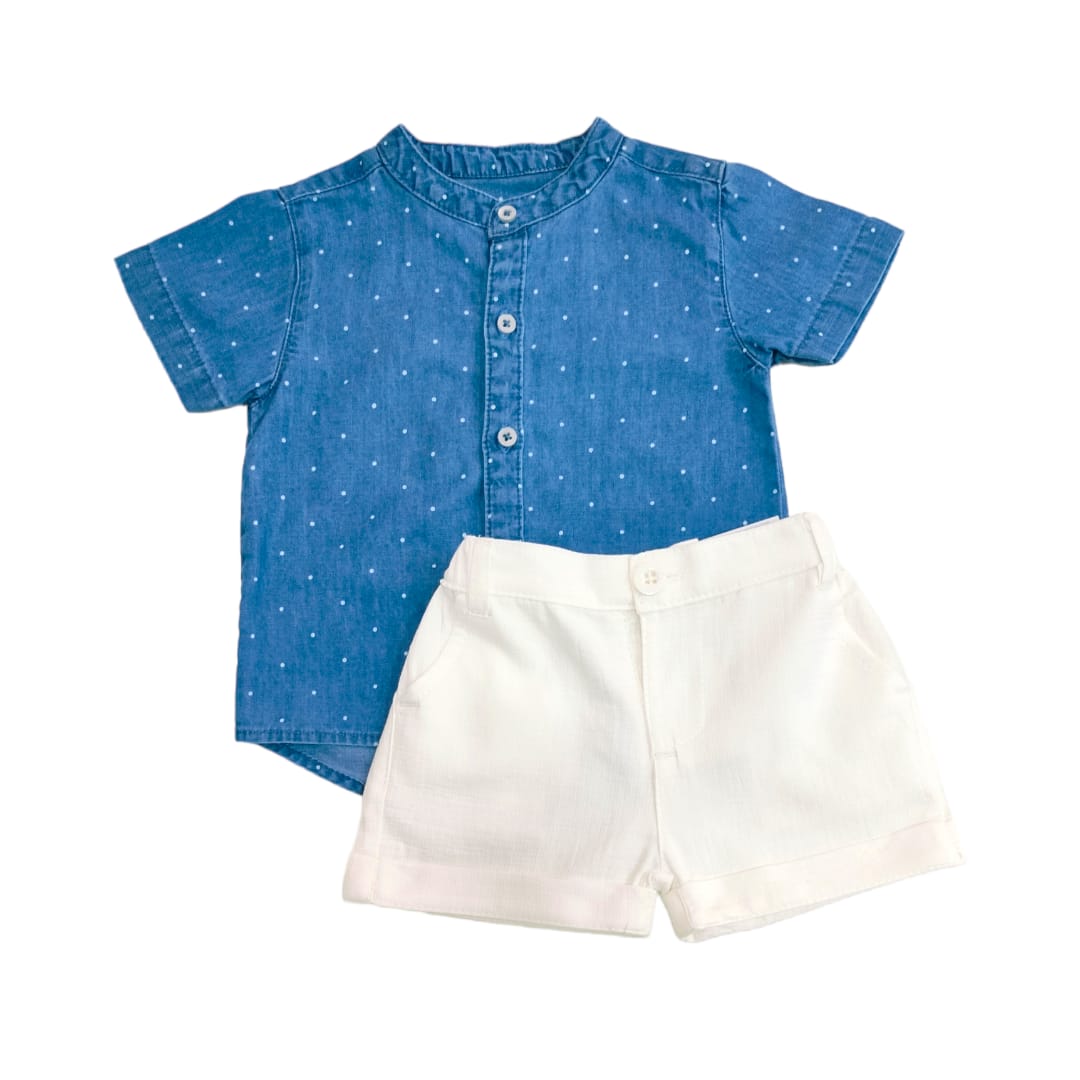 Boy's Chinese Collar Dot Printed Denim Shirt with White Short Set