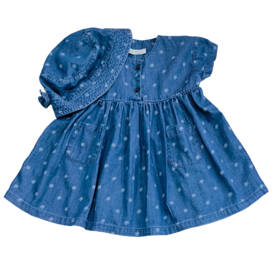 Girl's Flower Printed Dress with Hat Set - Denim Blue