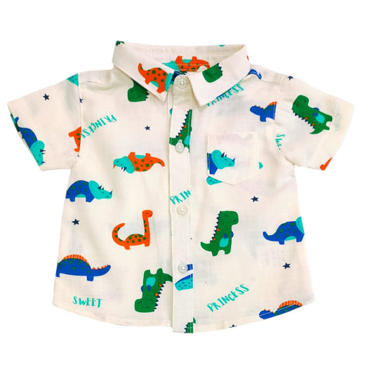 Boy's Collar Shirt - White Dino Printed