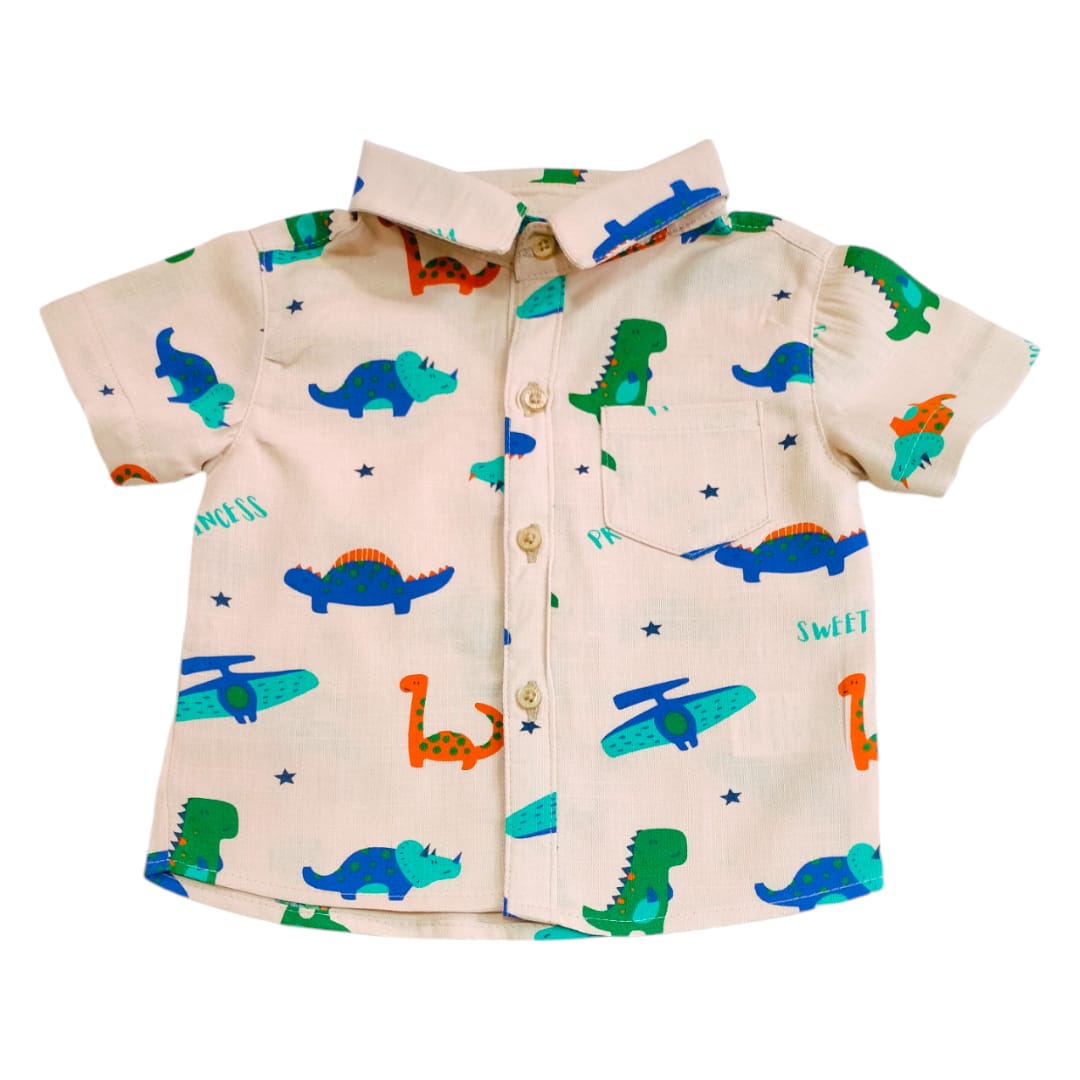 Boy's Collar Shirt - Beige Dino Printed