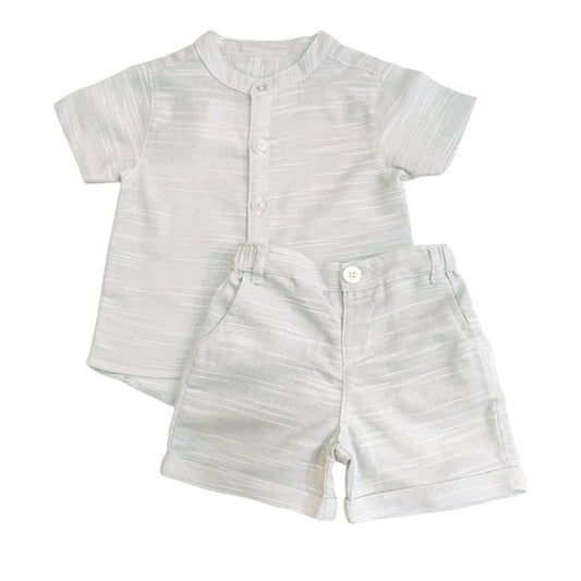 Boy's Chinese Collar Shirt With Short Set - Olive Green