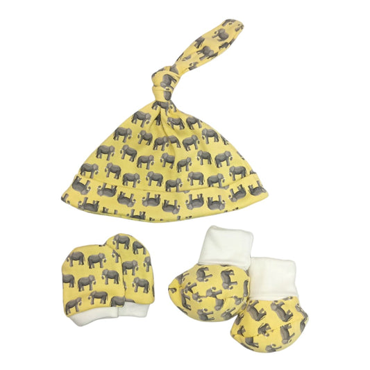 Baby Cap, Shoes and Mitten Set - Yellow Elephant Printed