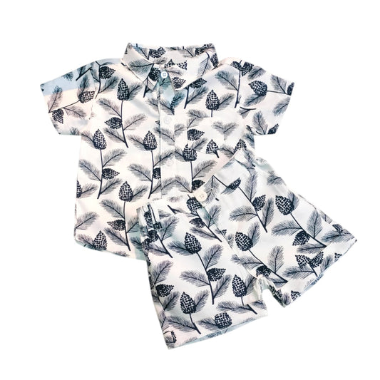 Boy's Collar Shirt with Short - Black Leaf Printed