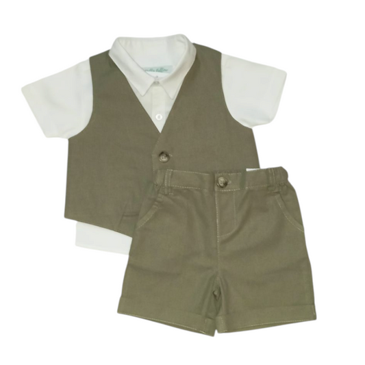 Olive Green Waist Coat & Short With White Shirt