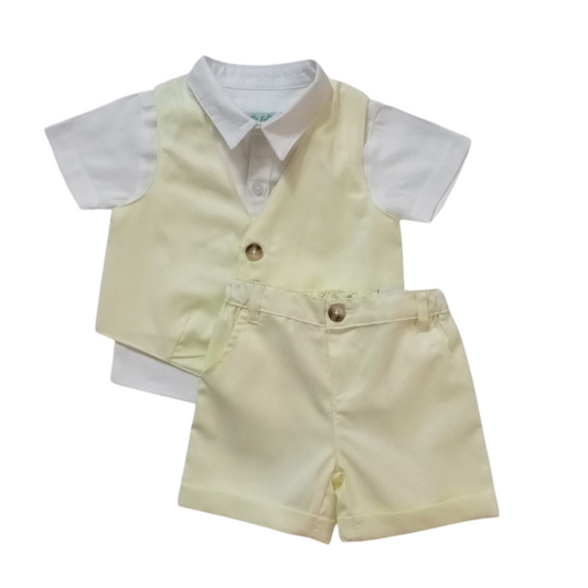 Yellow Waist Coat & Short With White Shirt Set